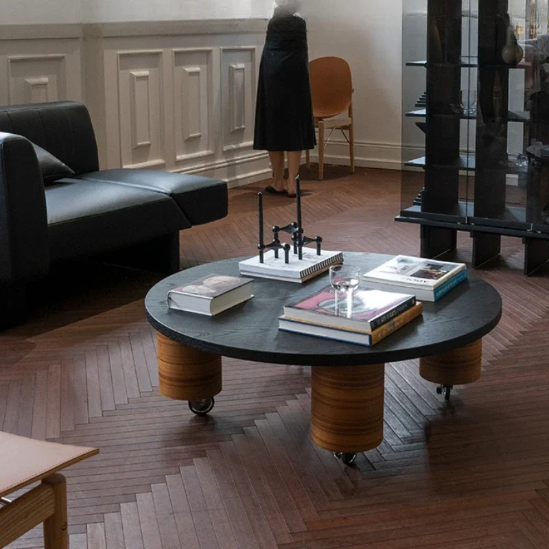 

Unique Aesthetic Side Tables Black Wheels Portable Designer Coffee Table Round Nordic Wood Mesa De Centro Sala Furniture
