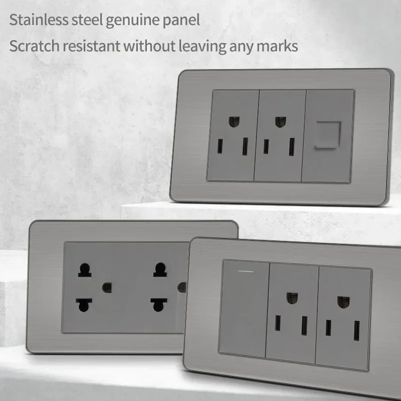 118*75mm Premium Stainless Steel Brushed US Wall Socket Thai USB Socket Plug with Dual USB Type-C Ports,Light Switch Grey panel