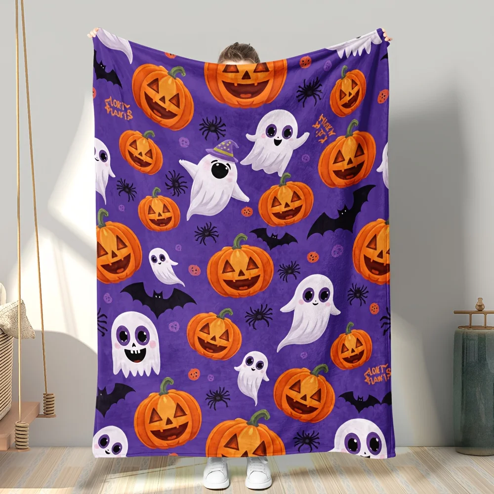 Purple Orange Retro Halloween Throw Blanket, Ghost Pumpkin Bat Cobweb Microfiber Washable All Season Cover for Sofa Bed Travel