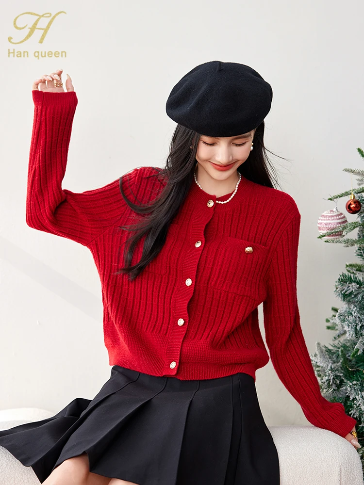 H Han Queen Autumn Winner Loose Long Sleeve Top Christmas Sweaters Elegant Simple Vintage Casual knitted Cardigan Sweater Female