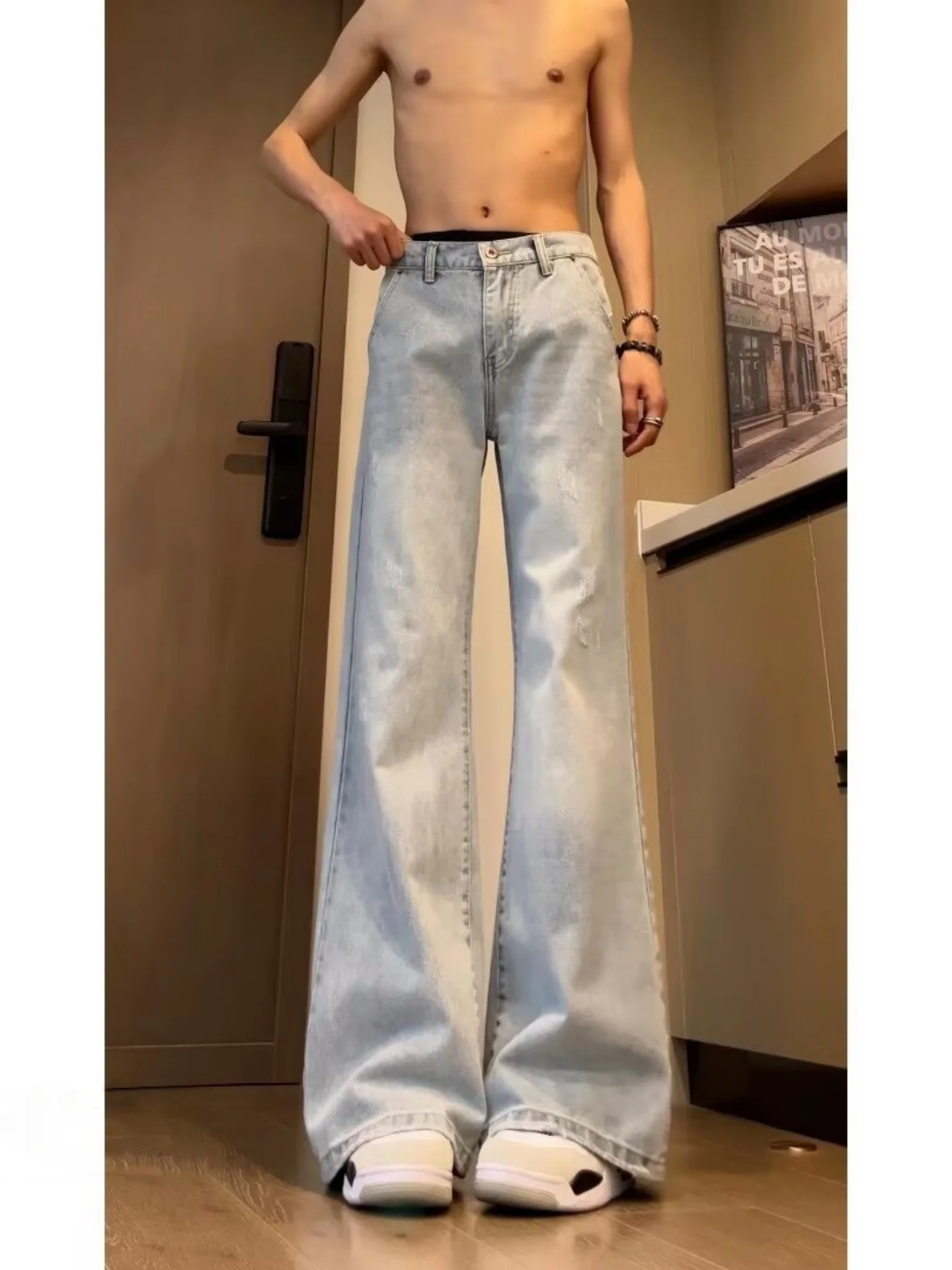 Light Blue Washed Bell Bottom Jeans Men's American Vintage Ripped Loose Straight High Waist Wide Leg Long Pants Casual Style