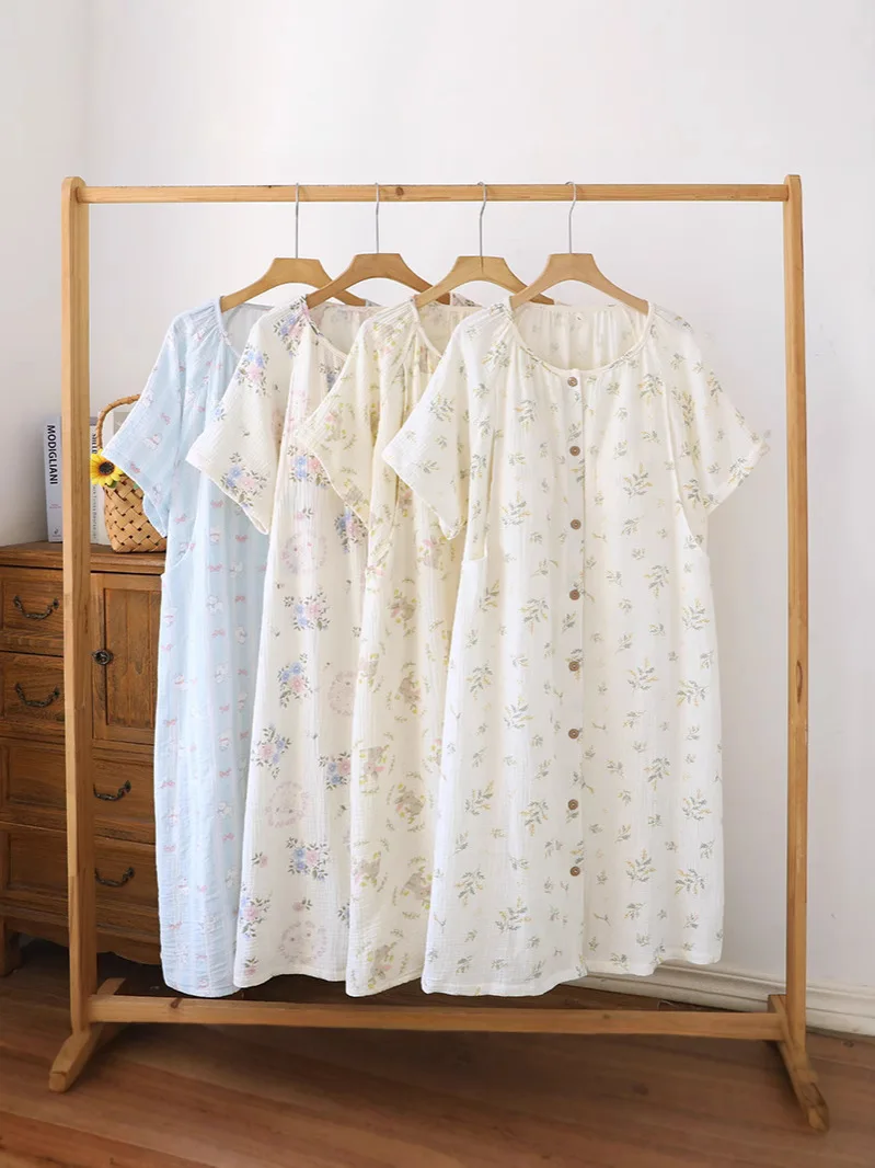 2025 New Summer Women's Short sleeved Sleeping Skirt 100% Cotton Gauze Long Skirt Thin Cute Girl Dress Home Clothes Ladies - view 4