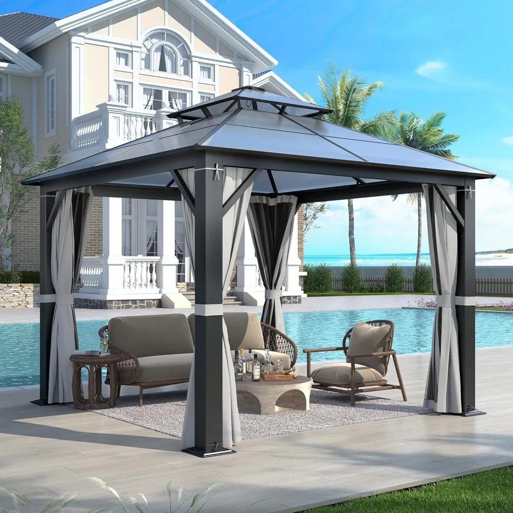 

10'x10' Hardtop Gazebo, Outdoor Polycarbonate Double Roof Gazebos With Netting And Curtains, Heavy Duty Metal Pavilion For Patio