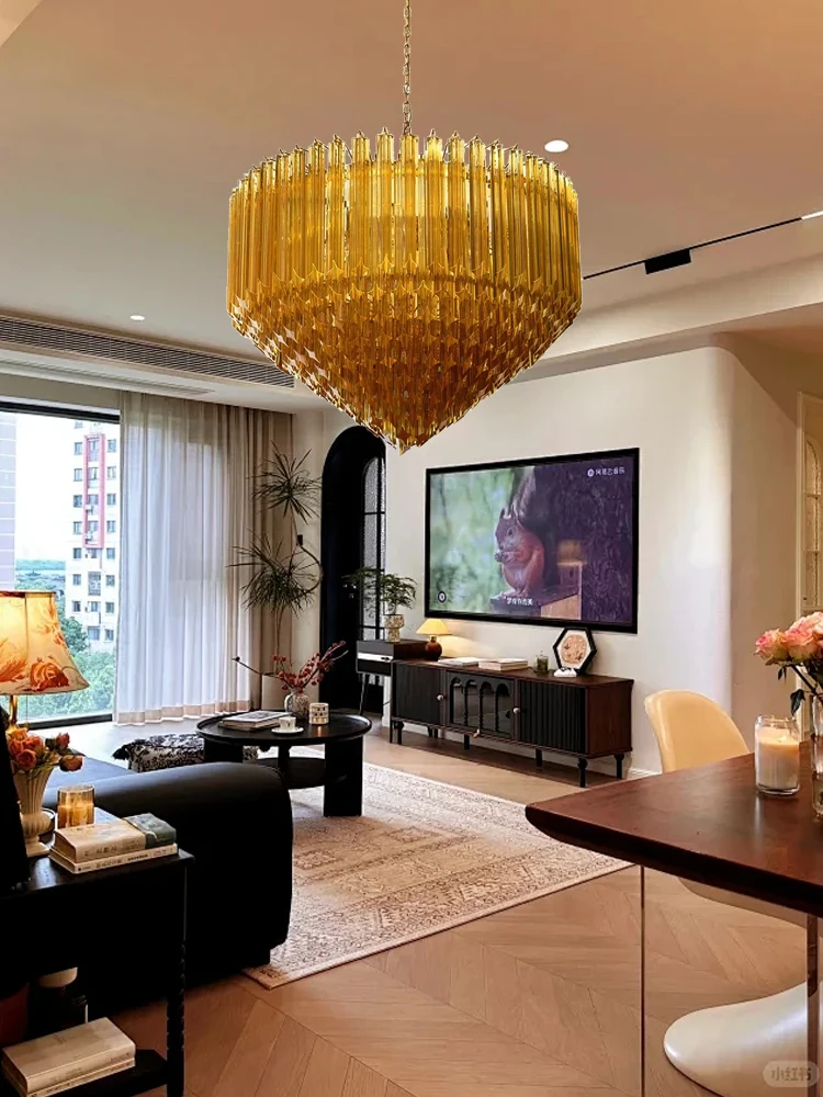 

Retro French Style Amber Glass Luxury Chandeliers Clear Crystal Large Hanglamp Living Room