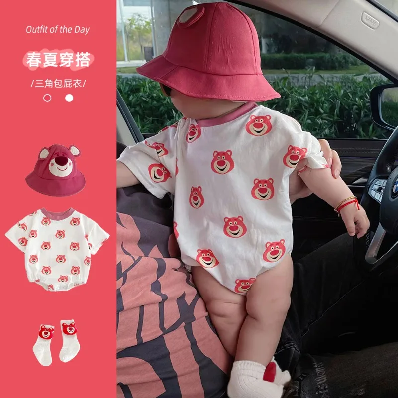 Korean Style New Summer Baby Girl Boy Bodysuit Cartoon Bear Round Collar Cotton Short Sleeves Infant Casual Jumpsuit K331