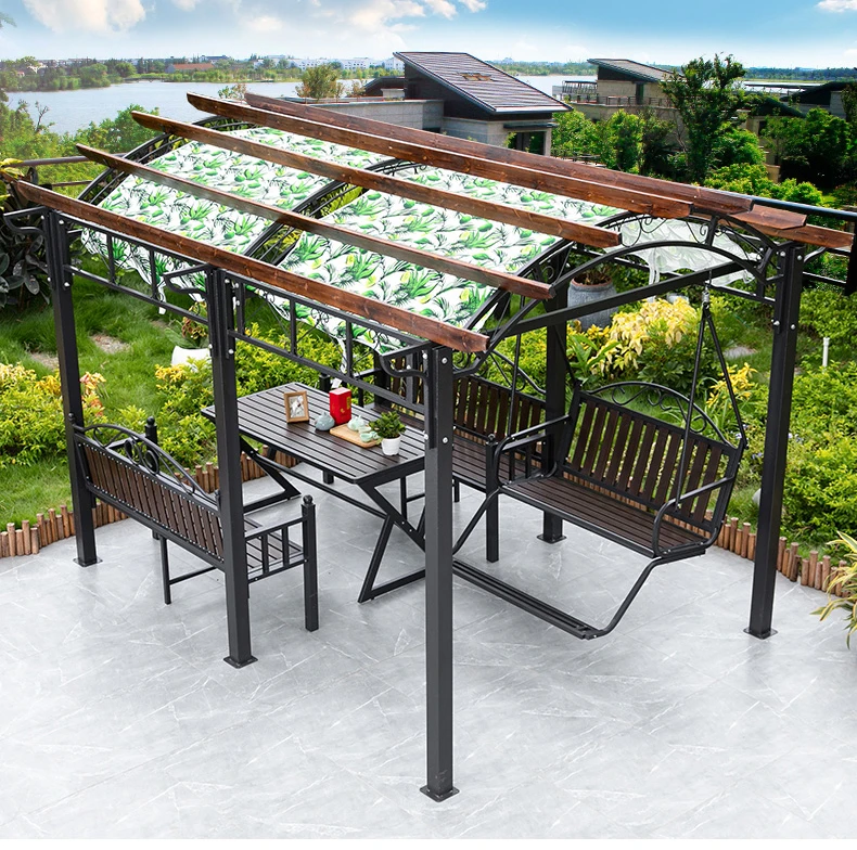Chinese Style Outdoor Gazebo Modern Galvanized Metal Wooden Louvre Roof Bioclimatic Pergola with Swings for Sunshade