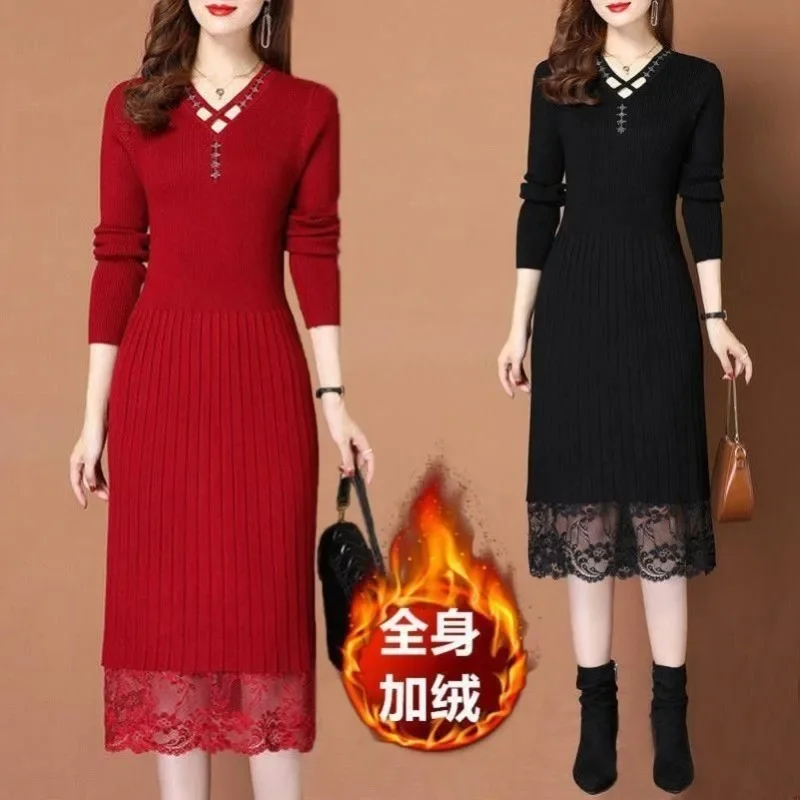 Mid-long dress for autumn and winter, Korean style fashion, slim fit, knee, knitted base sweater and over the knee skirt