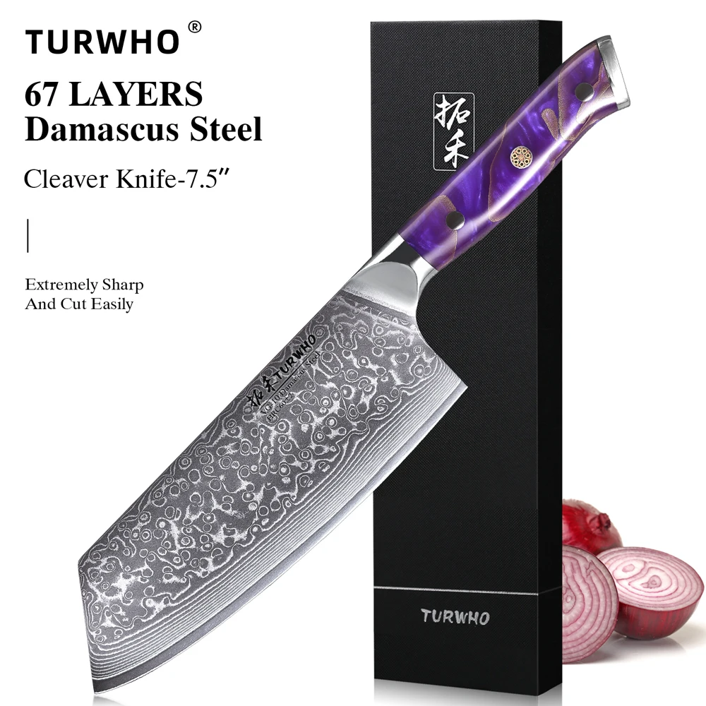 

TURWHO 7.5" Cleaver Knife Damascus Steel Professional Chef Knife Kitchen Sharp Chopper Meat Fish Slicing Chinese Vegetable Knife