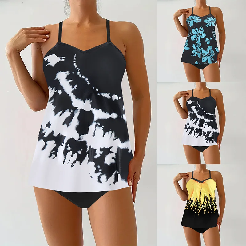 

Floral Print Patchwork Black 2 Piece Set Tankini, Round Neck High Waist Stretchy Swimsuits, Women's Summer Bikini Beachwear