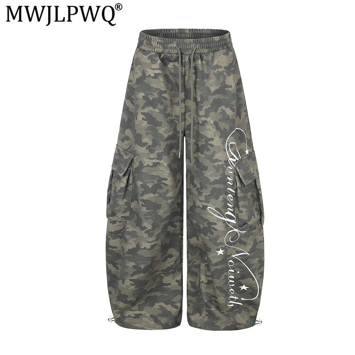 MWJLPWQ American-Style Retro Camouflage Cargo Pants Men Loose High Street Curved Hem Sweatpants Straight Wide-Leg Trousers 20549