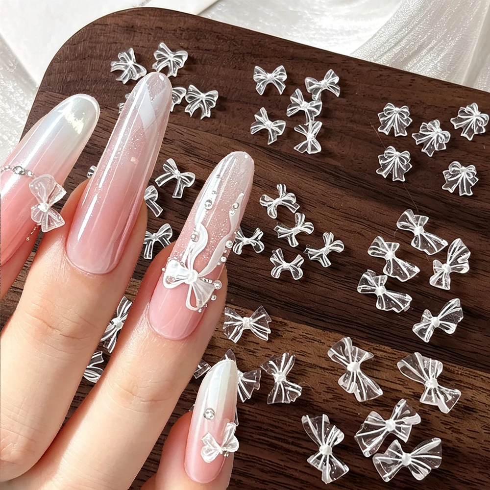 50pcs Transparent Moonlight Bow Nail Rhinestone Double Pleats Ballet Bowknot 3D Nail Charms Mixed Styles Lace Bow Nail Decoratio
