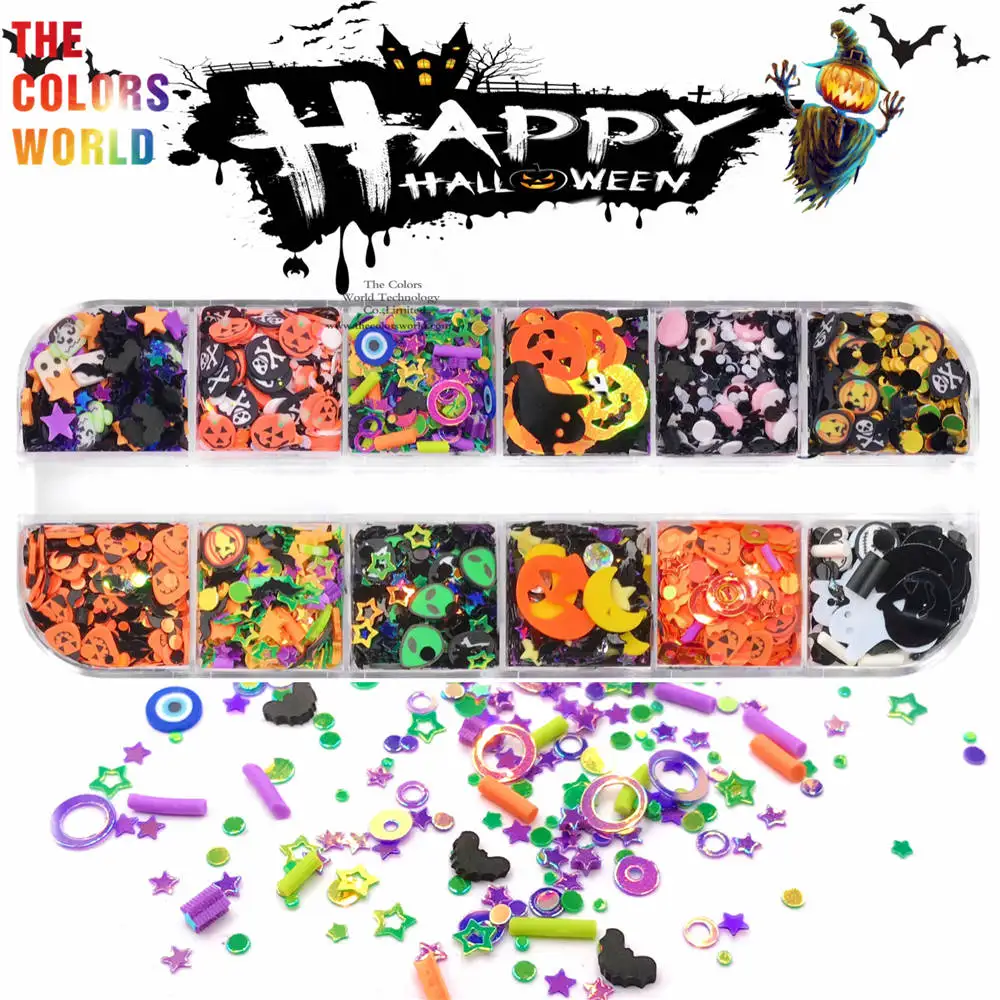 TCT-836 Halloween Nail Sequin Charms Pumpkin Witch Ghost Skeletons Polymer Clay Glitter Holiday Nail Art Decorations Accessories