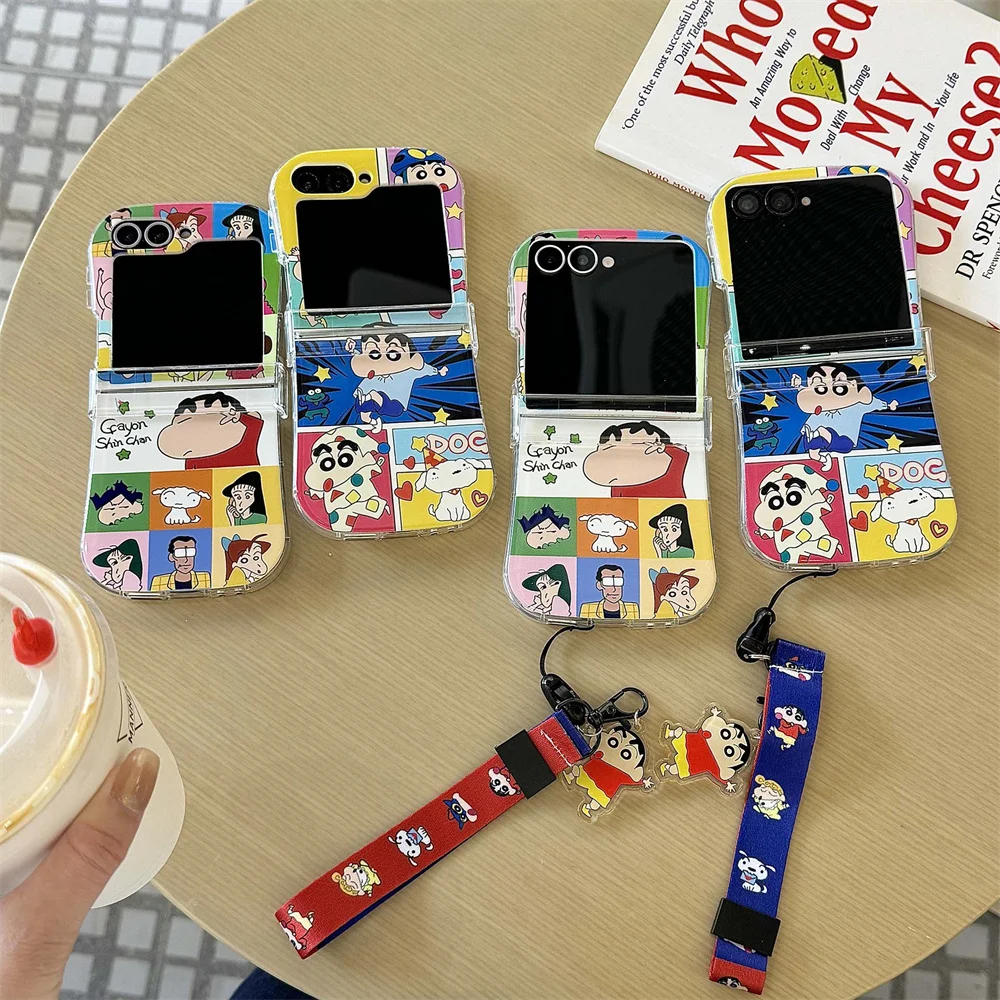 

Funny Shin-Chan puppy cartoon phone case for Samsung Galaxy Z Flip 7 FE Flip5 6 7 flip4 3 flip7 cover with chain cute Funda Case