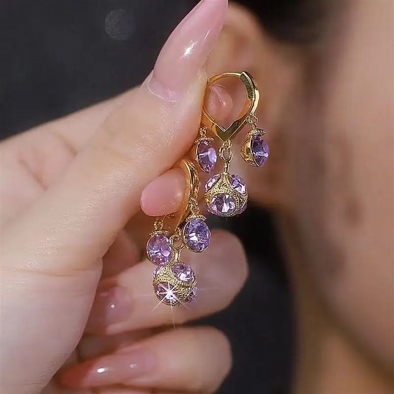 Purple Rhinestone Ball Pendant Earrings For Women Fashion Exquisite Daily Accessories Party Jewelry Birthday Anniversary Gifts