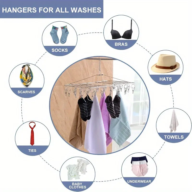 Stainless Steel Windproof Clips Clothespin Laundry Hanger Clothesline Sock Towel Bra Drying Rack Clothes Peg Hook  With 30 Pegs