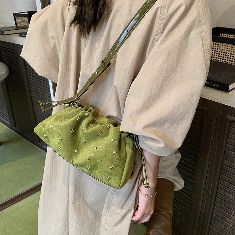 

Soft Solid Faux Suede Simple Commuting Crossbody Bags 2025 Star Appliques Sweet Bags for Women Thread String Women's Handbags