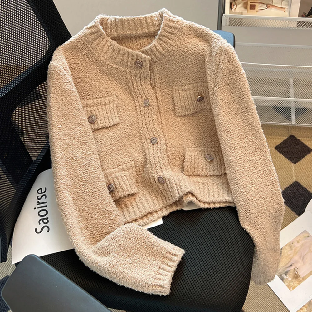 Gold Button Small Fragrant Wind Round Neck Sweater Coat Women Autumn Chic New Thickened Soft Glutinous Knit Cardigan Jacket Tops