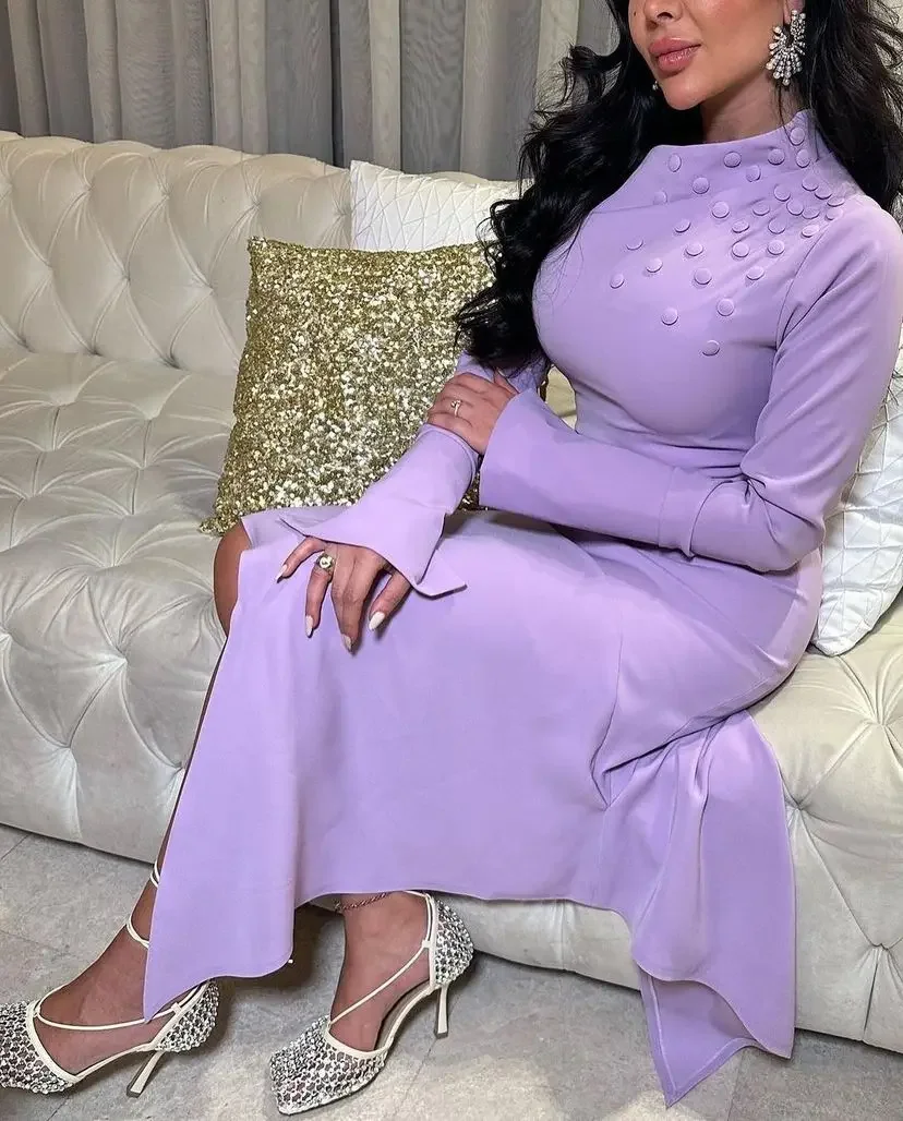 

Lilac Satin Mermaid Prom Dresses With Buttons Dubai Arabia Vestidos De Noche Long Sleeves Luxury evening dresses 2024