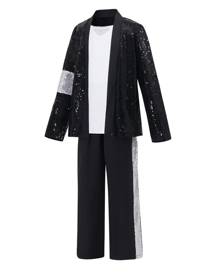 Kinder Hip-Hop-inspirierter Popstar-Paillettenanzug mit komplettem Zubehör: Hut, Handschuhe, Sonnenbrille für Halloween-Bühnen-Rollenspiele – Detail 6