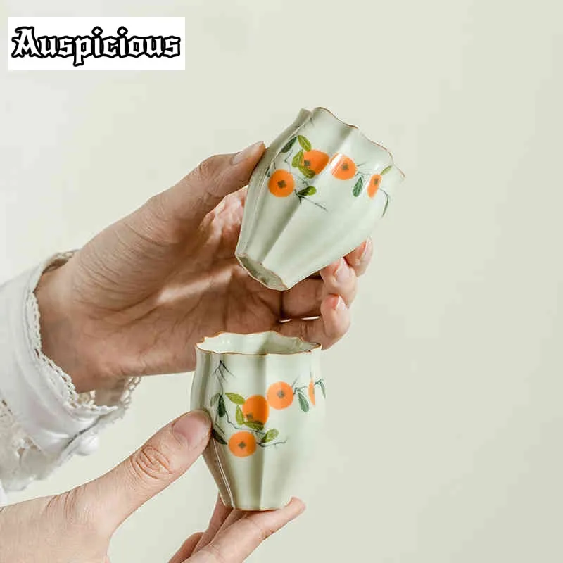 2pc/set Pure Hand-painted Persimmon Ceramic Teacup Retro Plant Ash String Moon Fragrant Master Cup Chazhan Kung Fu Teaware 60ml