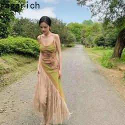 Early Spring Tea Millet White Stitching Heavy Industry Princess Suspenders Lace Hem Deconstructed Oil Painting Long Dresses