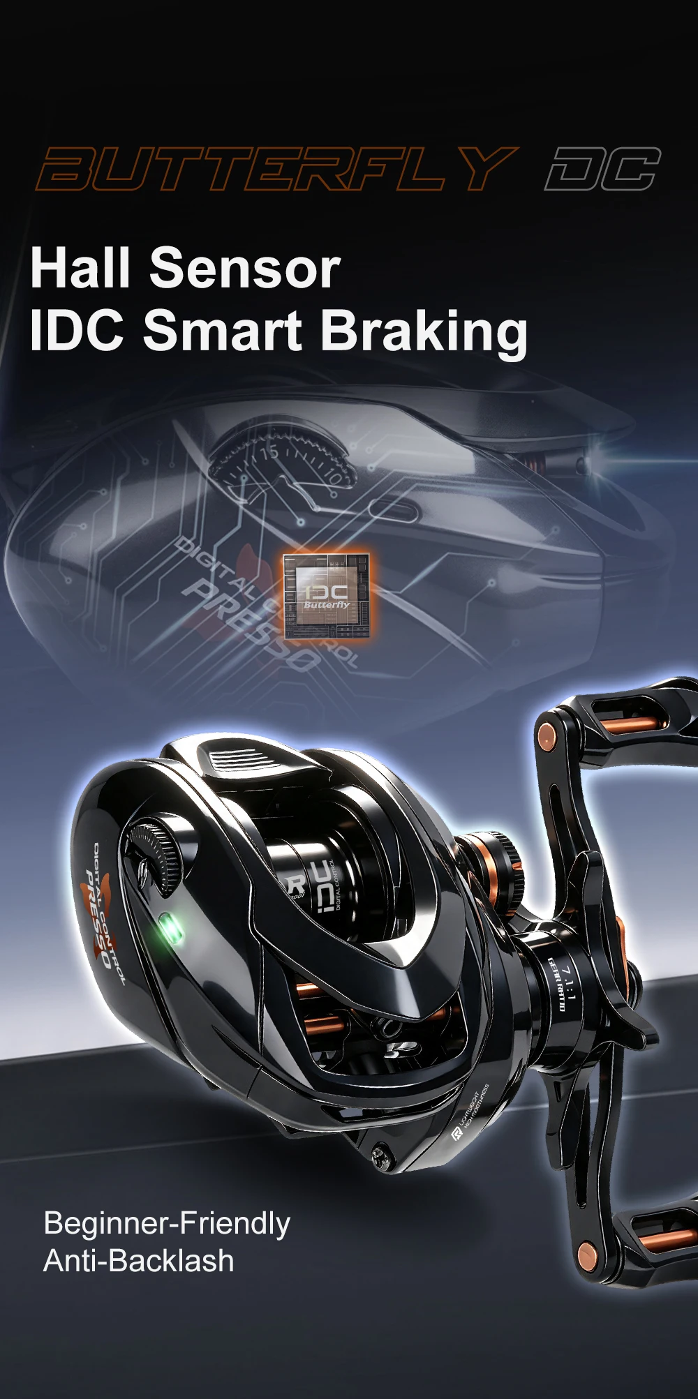 HASIDA Butterfly DC BFS Baitcasting-Rolle 152g Leichtgewicht 7.1:1 Digitalsteuerung-Rolle für Leichtköder-Angeln – Detail 1