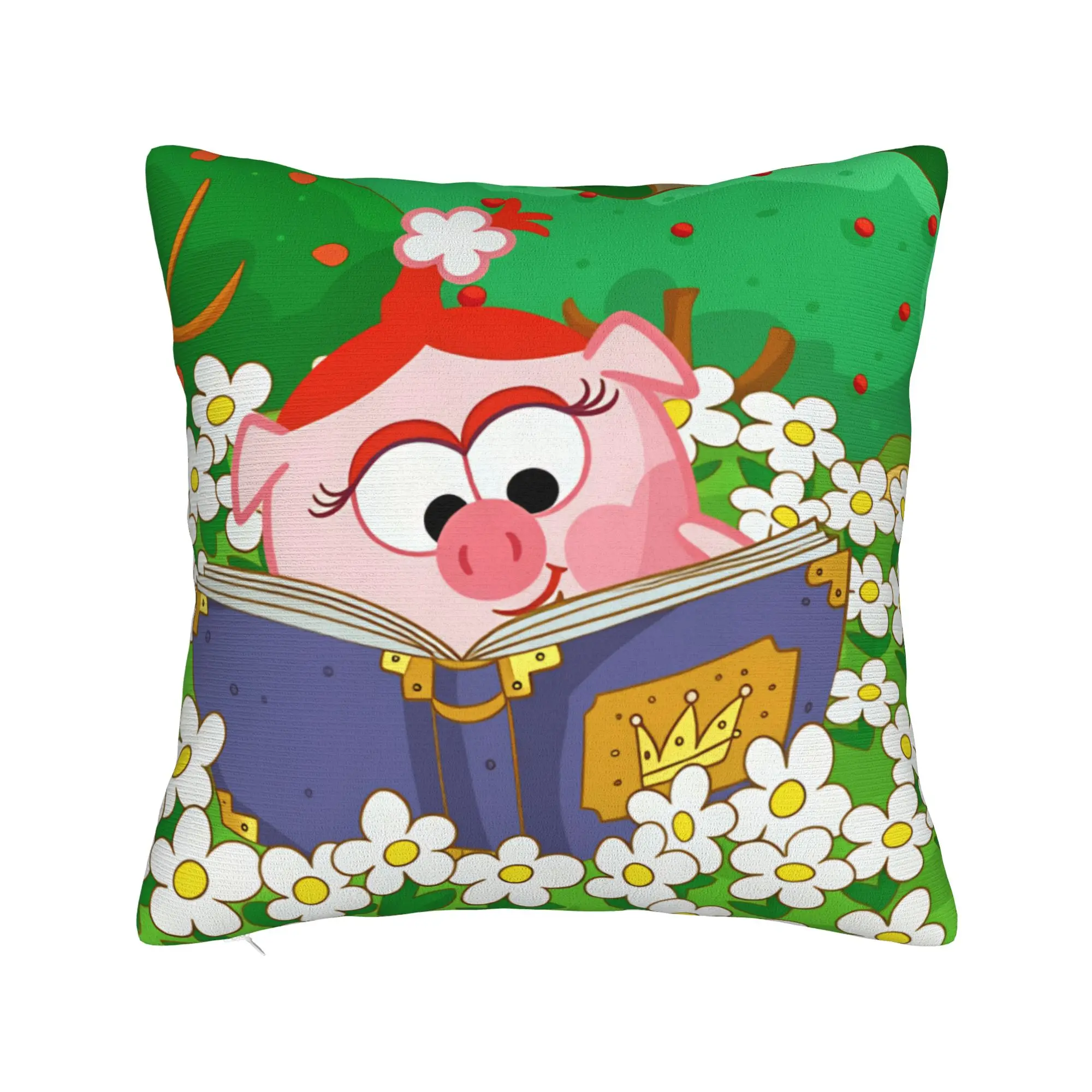 Kikoriki Nyusha Pig Reading Book In Flowers Pillow Cover  Square Cushion Cover Retro Trendy Pillow Case For Sofa Bed Living Room