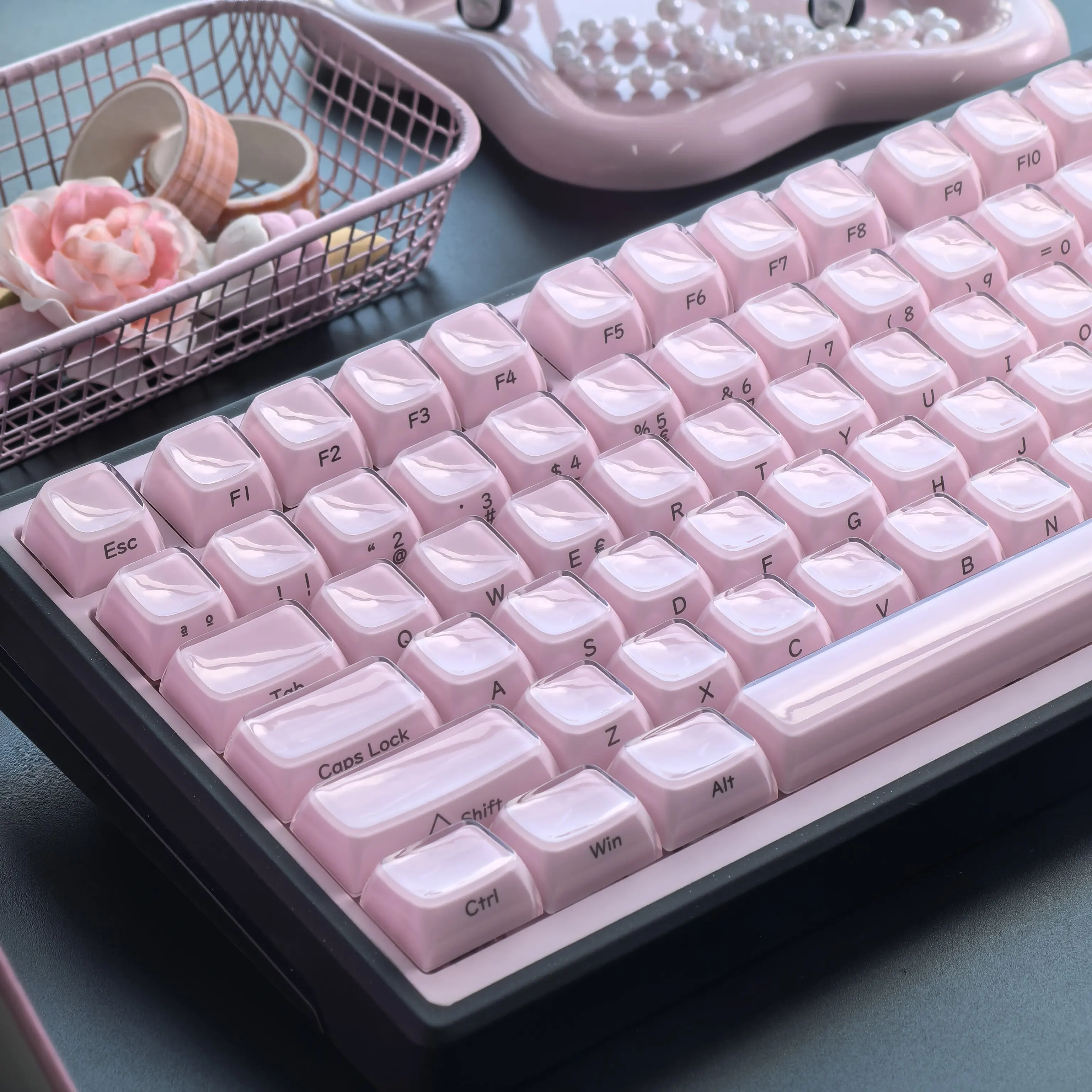 MAIMOOO Pink Side Engraved Spanish Crystal Keycaps With 132 Keys Pc Material Jelly Pudding Keyboard Keycaps