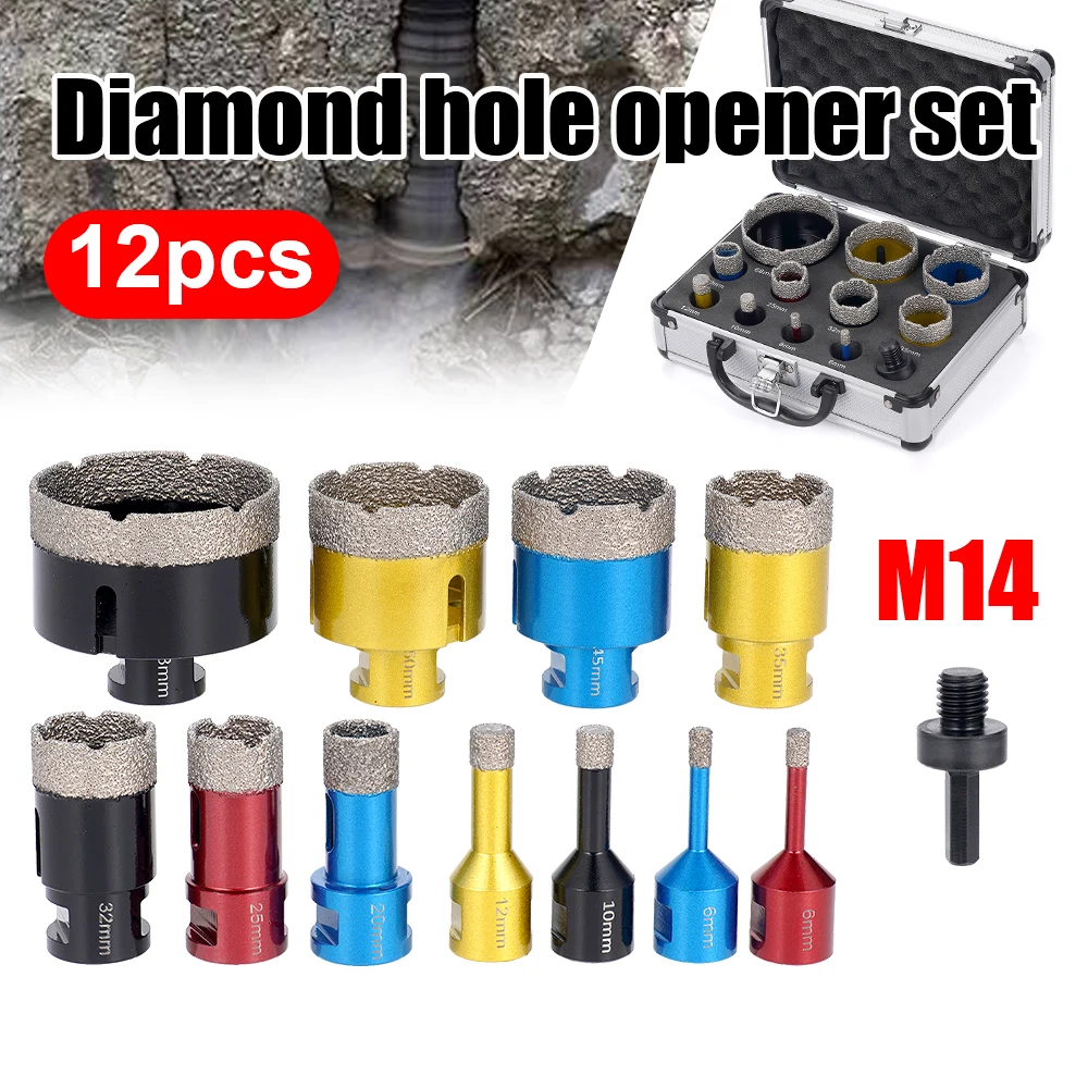 

12pcs Diamond Coated Drill Bits Kit with Case M14 Adapter for Glass Marble Quick-Change Hex Shank Durable Alloy