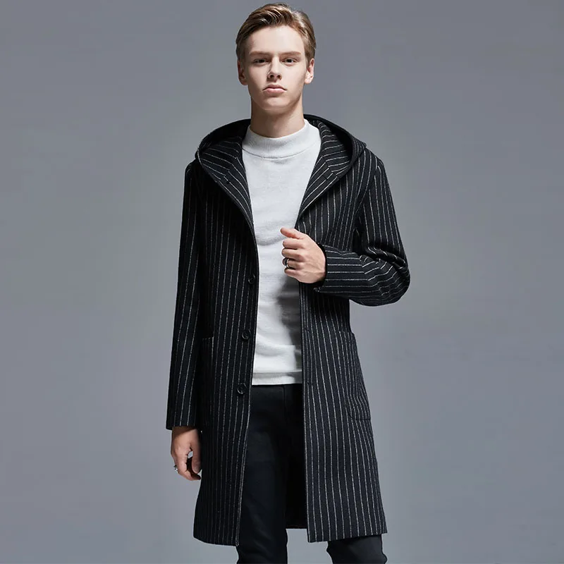 

Men Autumn & Winter Minimalist Hooded Slim Woolen Coat Mens Fashion City Black Stripe Single Breasted Long Coats and Jackets