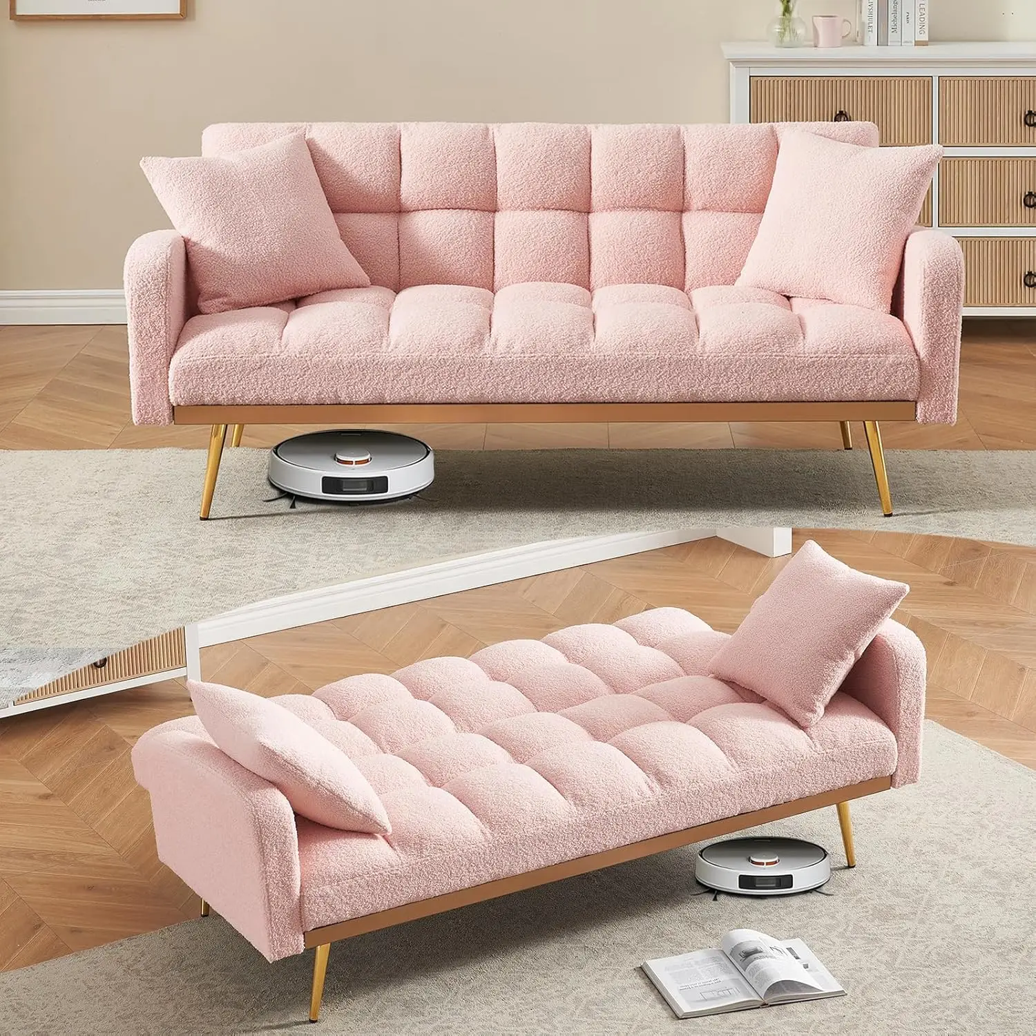 #Folding Futon Sofa Bed Convertible Sleeper Adjustable Backrest Chrome Legs Pillows Small Space