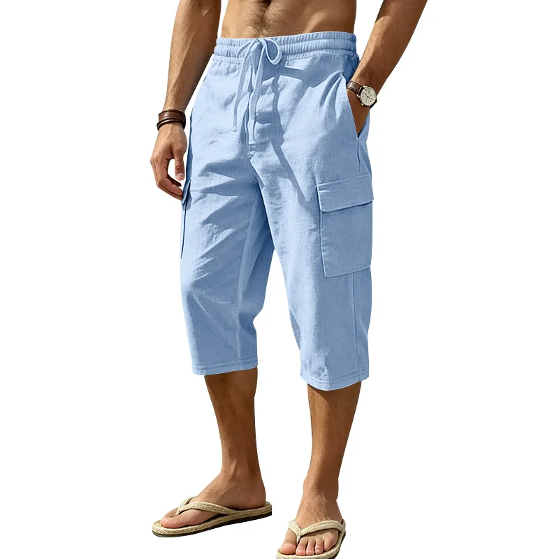 Europäische und amerikanische Sommer-Shorts aus Leinen für Herren, lässig, Outdoor, Arbeitskleidung, Pendler, Sport, Multi-Pocket, 7/8-Länge – Detail 34
