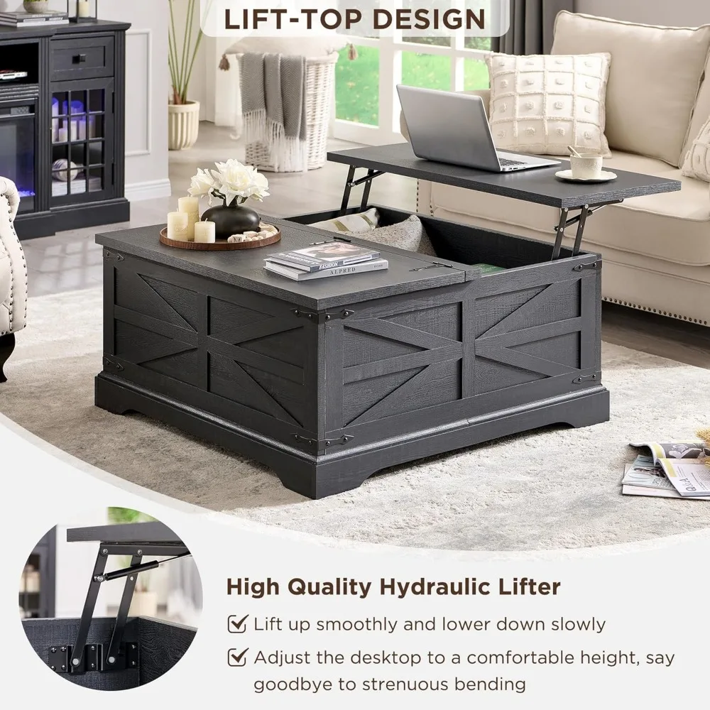 Farmhouse Lift Top Coffee Table with Storage, 36" Wood Square Center Table with Large Hidden Compartment, Rustic Lift Tabletop