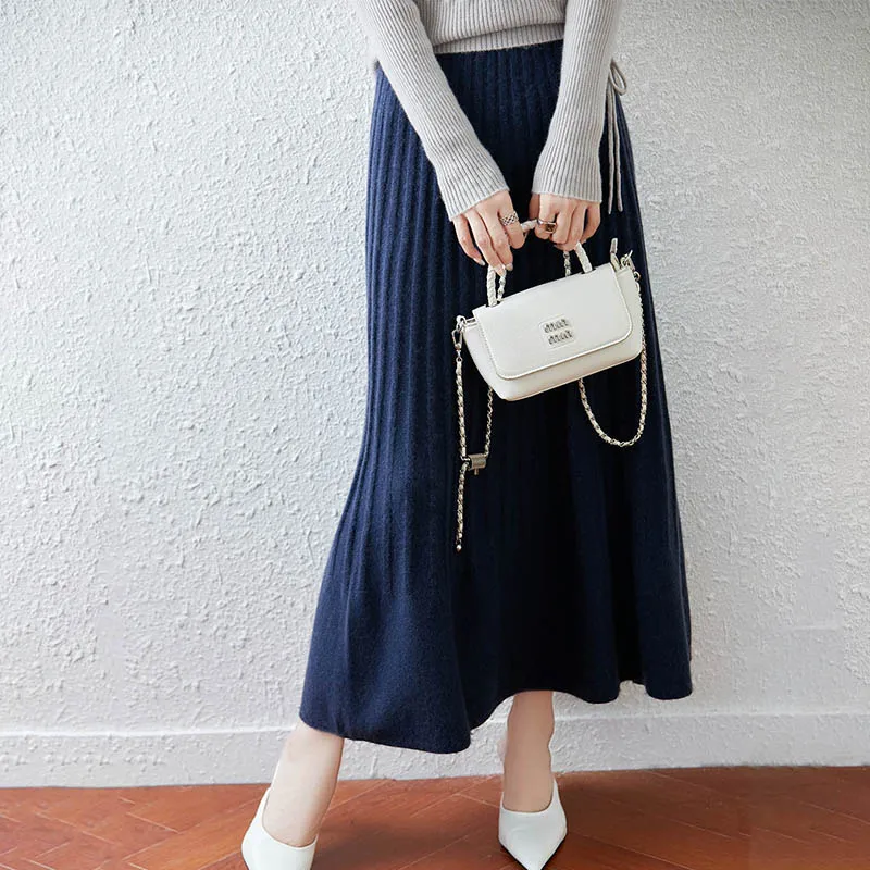 100% Wool Women's Ribbed Solid Color Midi Skirt, Plain Hem Slim Fit Knitted Skirt, Autumn Winter Versatile Slim Woolen  Skirt