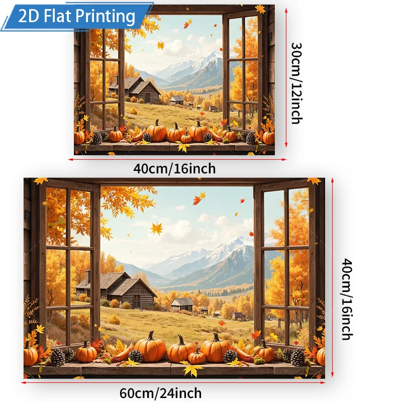 [2D شقة] 1 قطعة 4x16 بوصة علامة معدنية الخريف نافذة عرض اليقطين الحصاد مزرعة الجبل المشهد 2D شقة طباعة المعادن جدار الفن