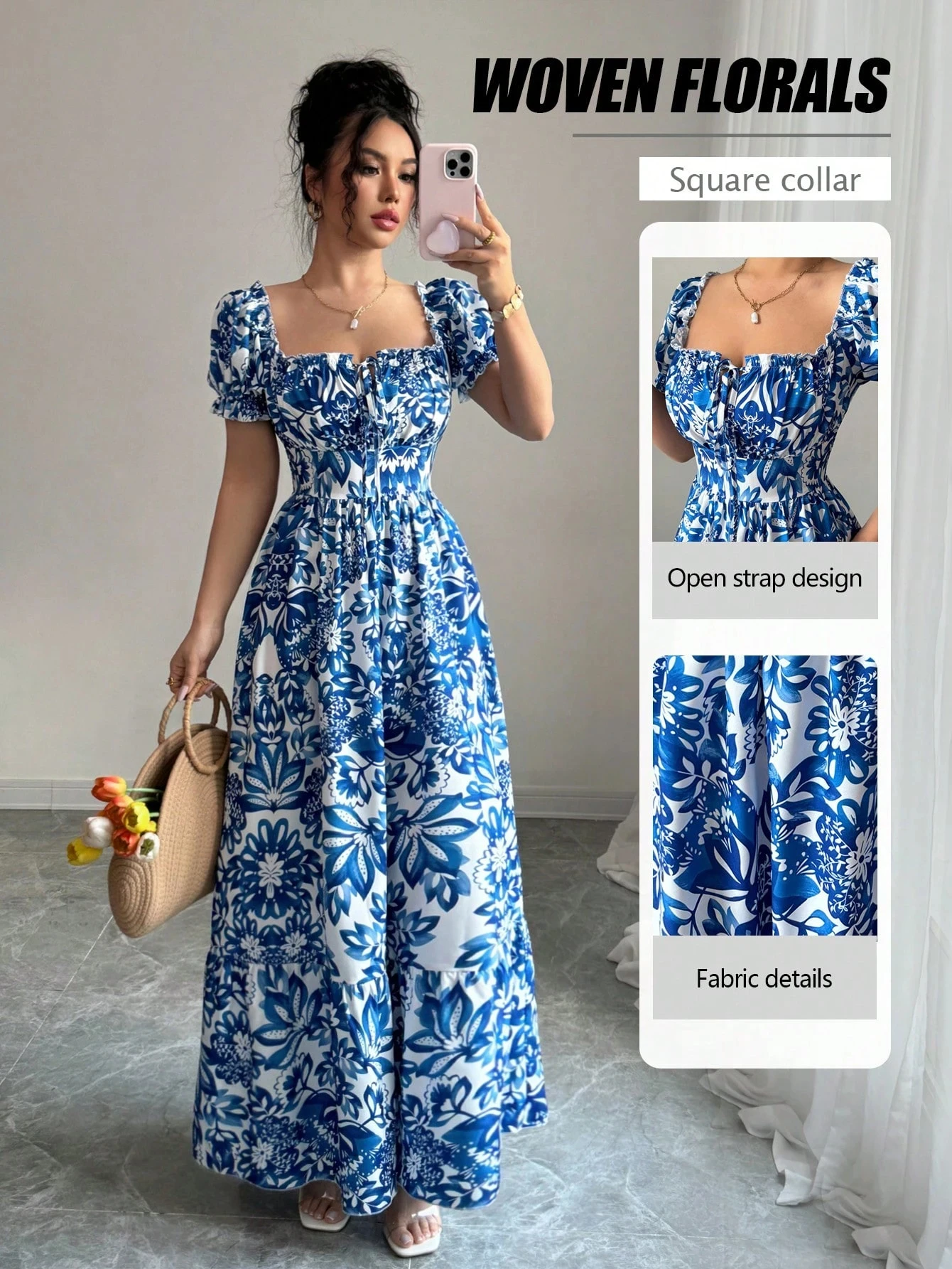 Damen Freizeitkleider Puffärmel Blumendruck Vorne Gebundenes Kleid Boho-Kleid Urlaub Strand Picknick Date Party Sommerkleid