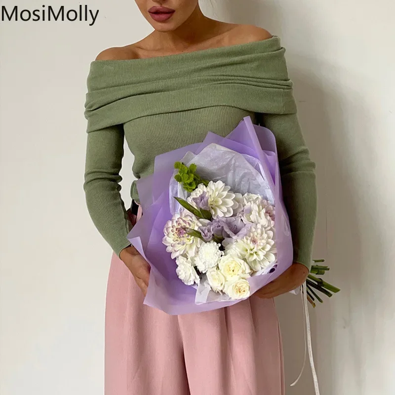 MosiMolly Wool Sweater Slash Neck Slim Knitting Jumper Pullovers OL Lady Sweater Soft Comfy Wool Basic 2023