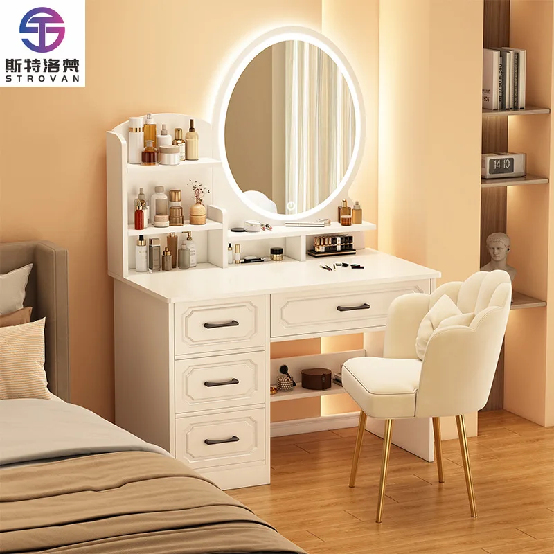Smart Makeup with 3-Color LED Mirror Dressing Table Warm White Four-drawer Storage Cabinet Small Vanity Makeup Furniture Set