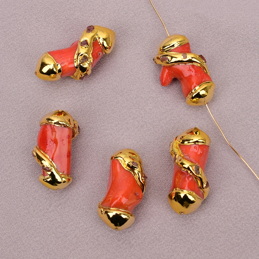 APDGG 5 Pcs Natural  Orange Coral Branch Gold Plated Spacer Loose Beads Jewelry Making DIY