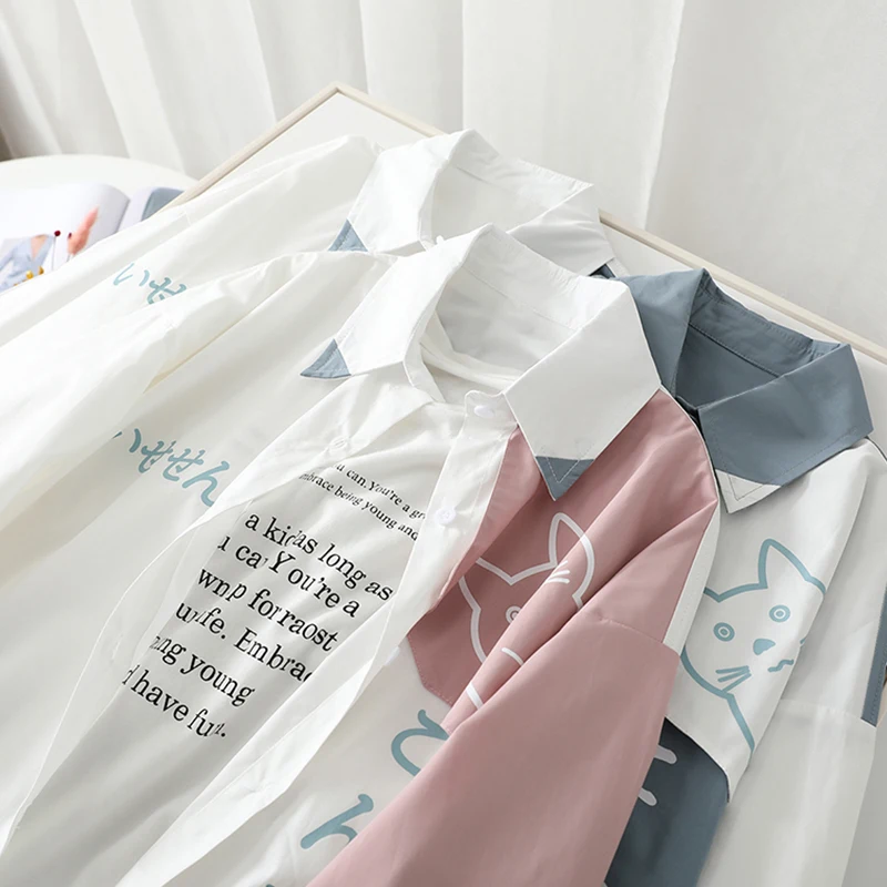 2025 Spring and Autumn Japanese Style Cute Cat Print Color Block Long Sleeve Shirt Men's White Blue Pink Casual Loose Shirt