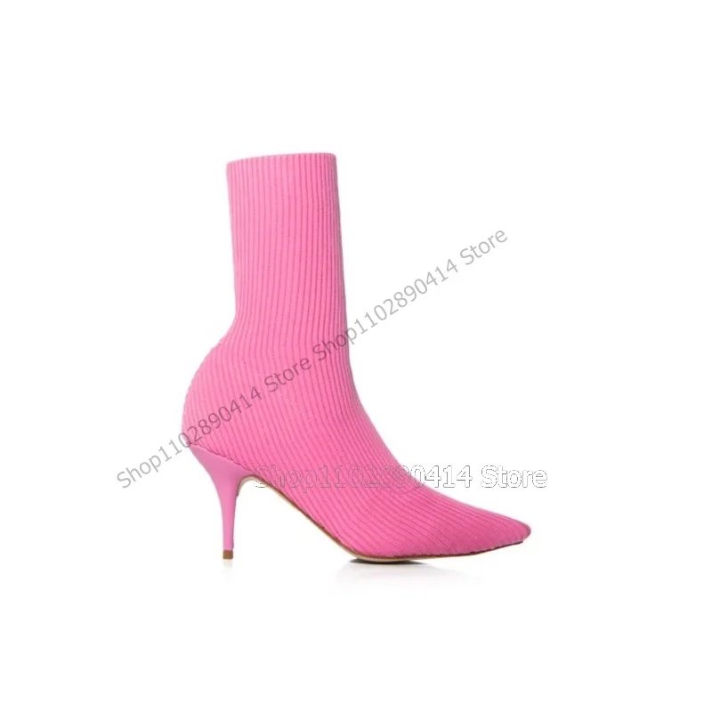 Pink Pointed Toe Knitted Elastic Boots Mid Calf Slip On Women Shoes Thin High Heels Novel Fashion 2023 Zapatos Para Mujere