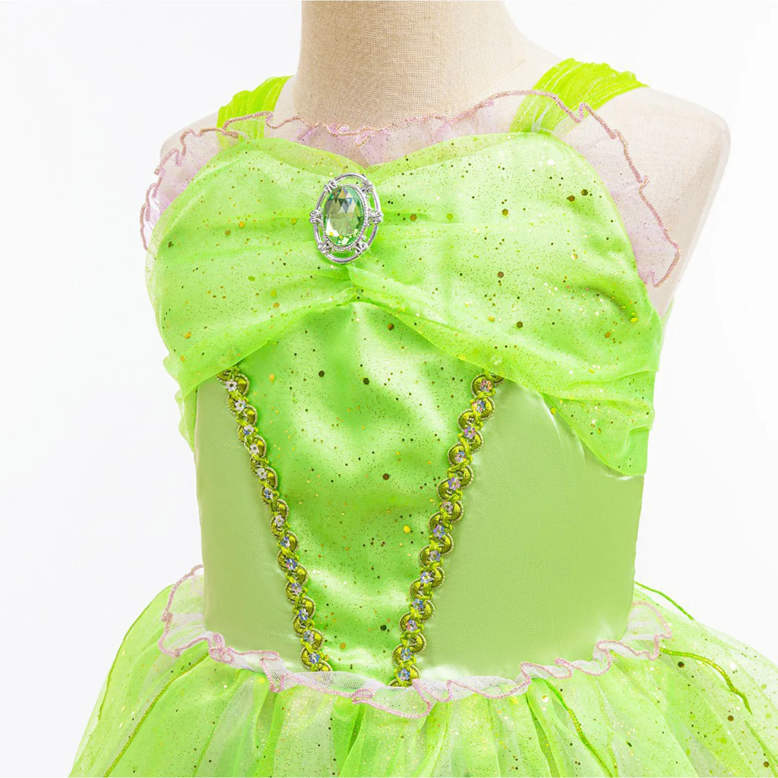 Child Girls Flower Fairy Dress Up Kids Sequins Ruched Tulle Tutu Dress with Butterfly Wings Halloween Green Princess Costume Set