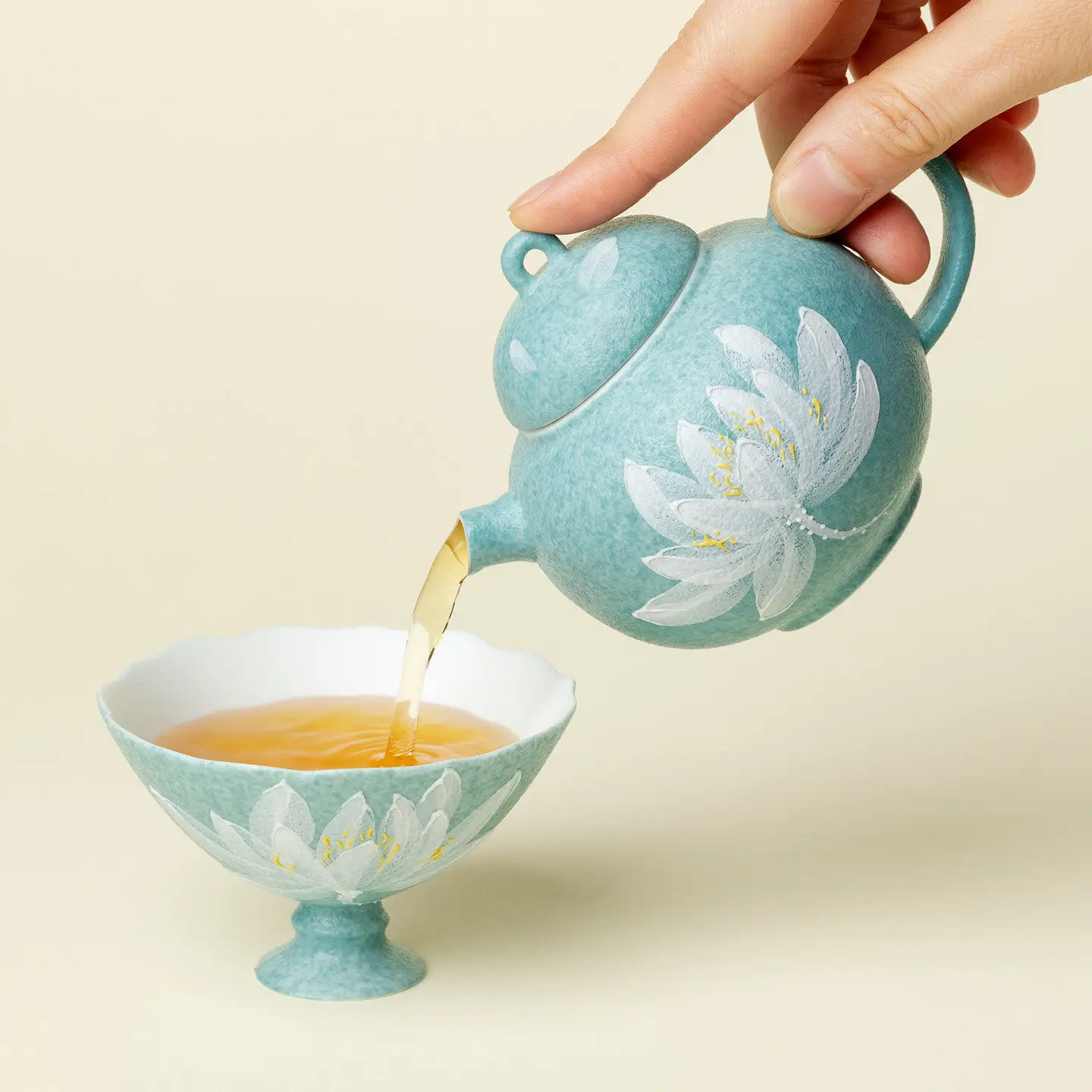 Ino Kiyosong Hand-Painted White Lotus Reflecting In The Moonlight Round-Bottomed Teapot New Chinese-Style Kung Fu Tea Set