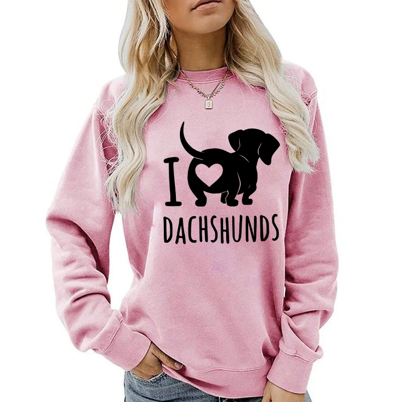 (A+Quality)Fashion I Love Dachshund Printed Sweatshirts Spring Autumn Winter Long Sleeve Round Neck Casual Sweater Women Hoodies