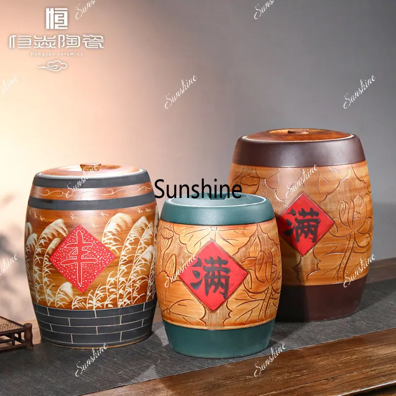 Porcelain rice tank sealed retro household moisture-proof insect large-capacity grain tank