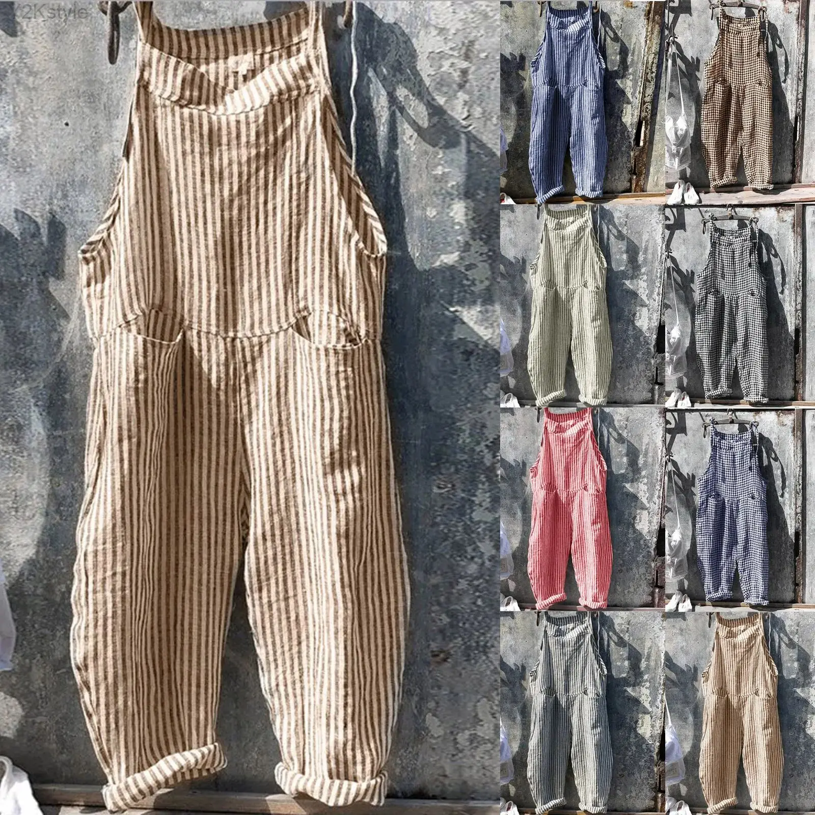 

2024 Bohemian Spring Rompers Stripe Casual Women's Jumpsuits Fashion Cotton Pockets Overalls Casual High Quality Overalls