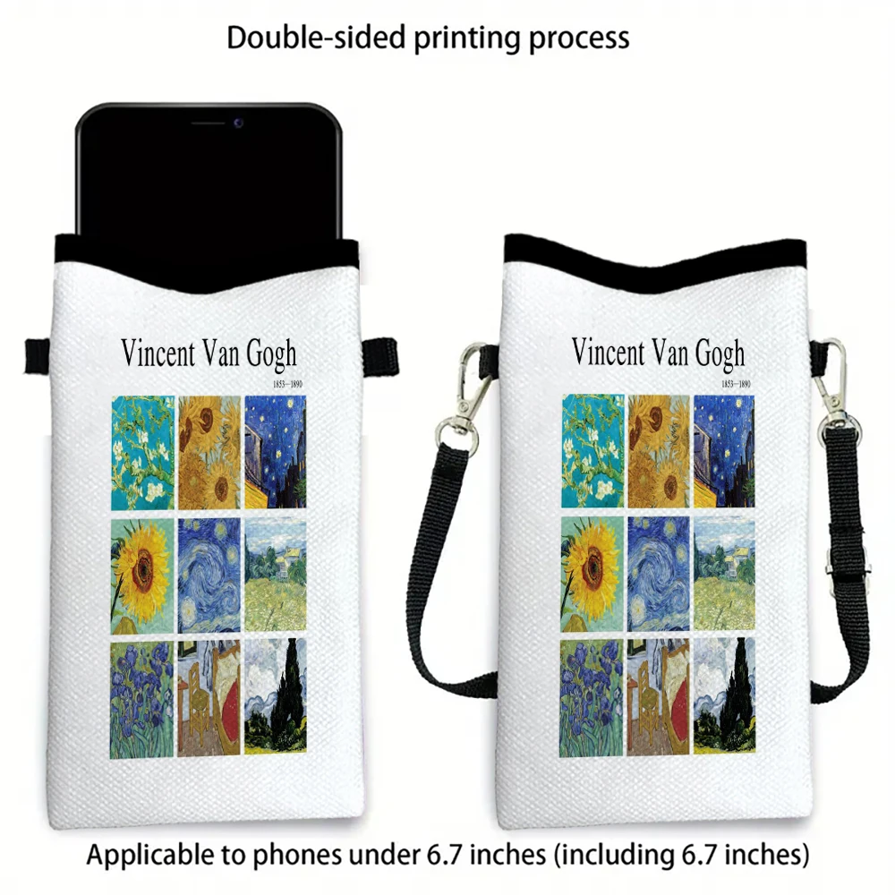 Van Gogh Phone Pouch with Lanyard, Exquisite Pattern Print Crossbody Bag Polyester Fabric Shoulder Bag Mobile Phone Case - view 2