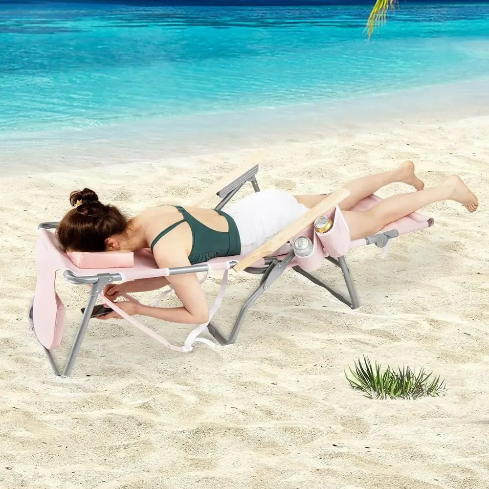 3-in-1 Folding Beach Lounger with Armrests, Cup Holders, and Armholes, Holds Up to 330 lbs, Ideal for Outdoor, Patio, Poolside,
