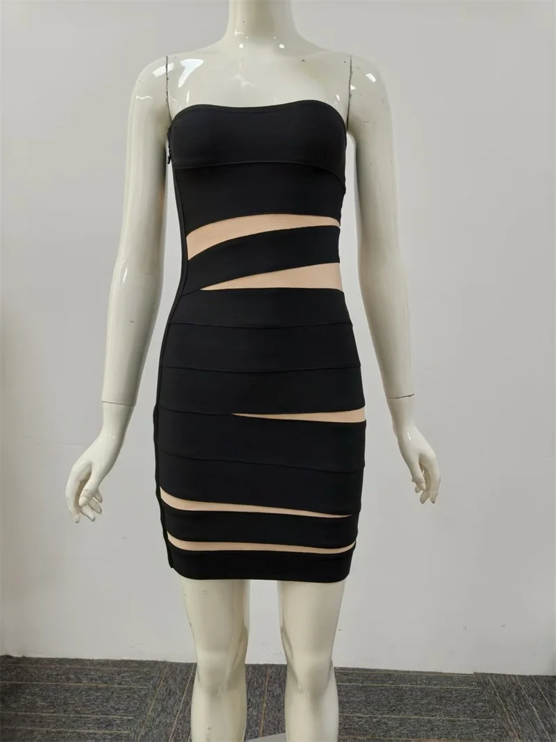 Black Nude Women Prom Dress Splicing Colors Sexy Sleeveless Bandage Knee Length Party Gown Autumn Formal Wedding Guest Robe