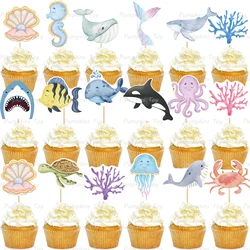 17pcs Sea Cake Toppers Mermaid Crab Sea Horse Cupcake Topper Ocean Theme Cake Decoration Baby Shower Kids Birthday Decoration